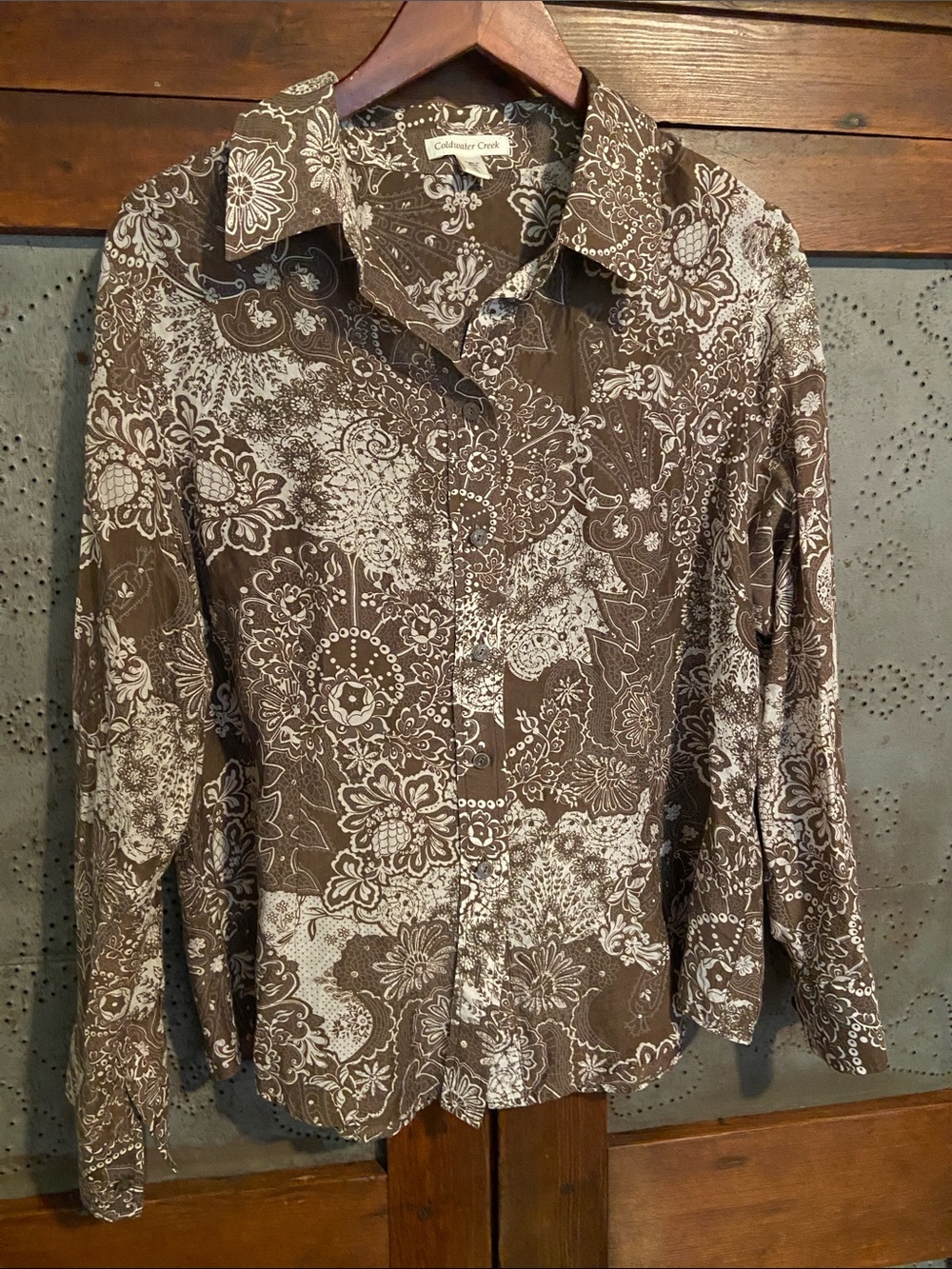 Coldwater Creek Paisley Floral Brown Bandana Print Silk Cotton Button down XL